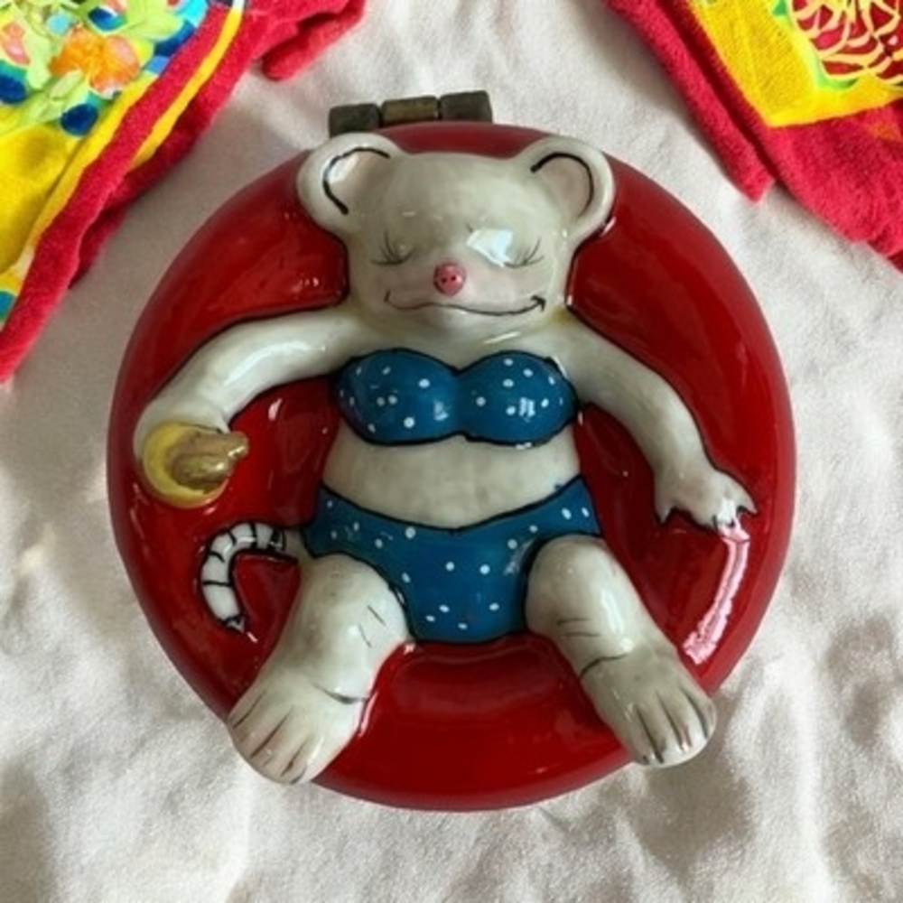 Vintage Bikini Mouse Girl Porcelain Trinket Box Metal Closure Jewelry Pill Box
